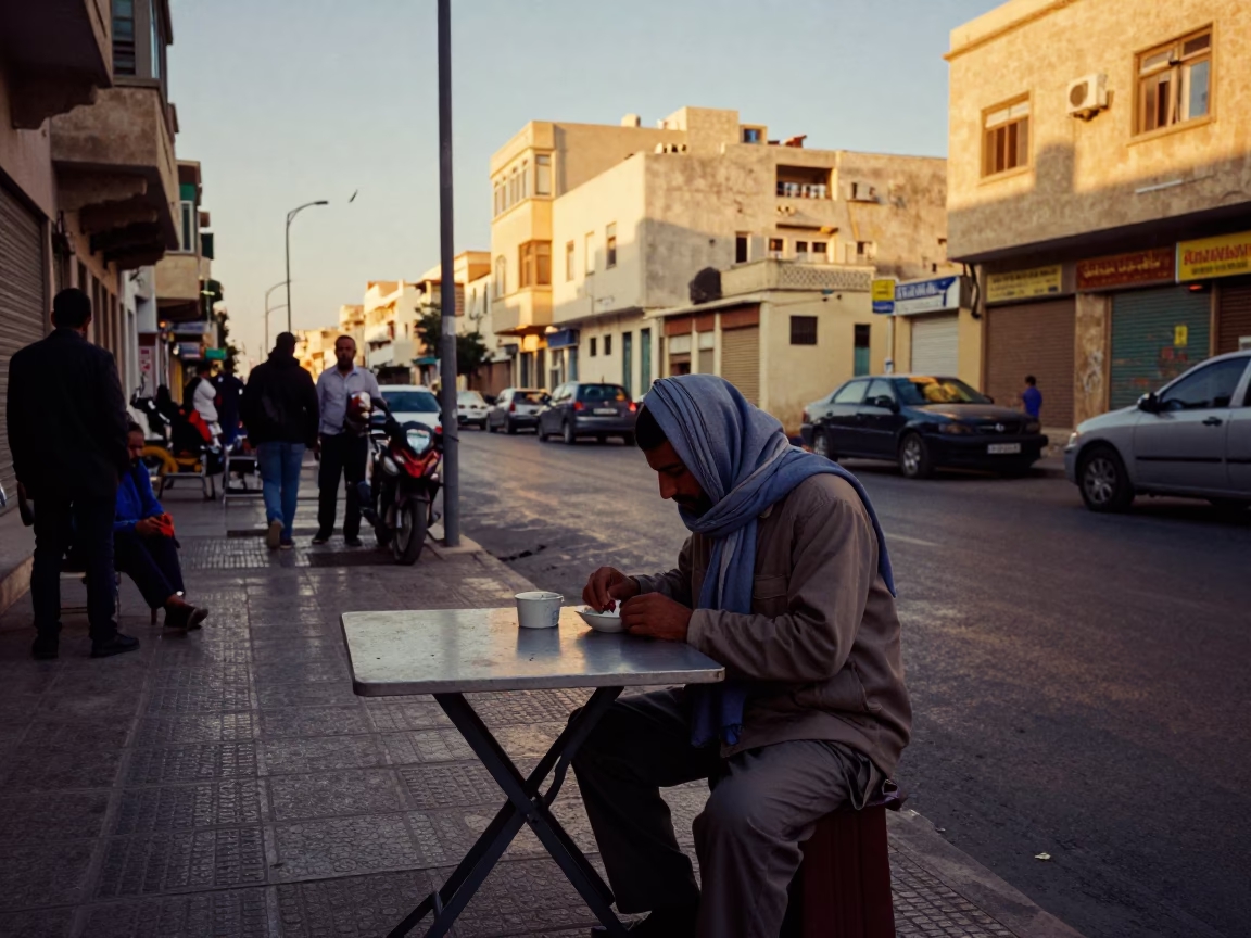 Busy Alexandria Street Corner in Honeyed Evening Light with Backgammon and Scarf in in Alexandria, Egypt