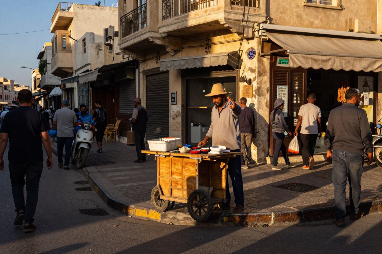 Busy Alexandria Street Corner Late Afternoon with Merchant and Straw Hat in in Alexandria, Egypt