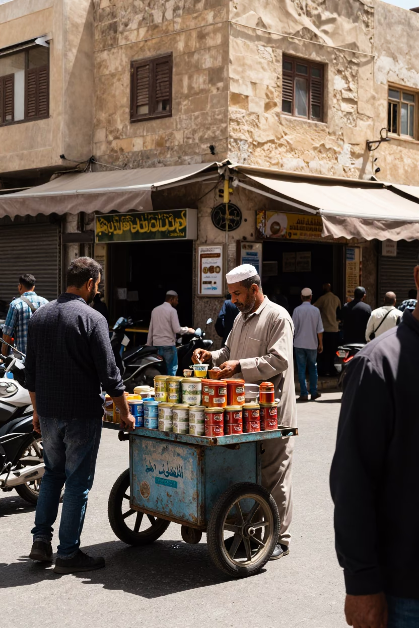 Busy Alexandria Street Corner Noon Light Tea Tin and Local Interaction in in Alexandria, Egypt