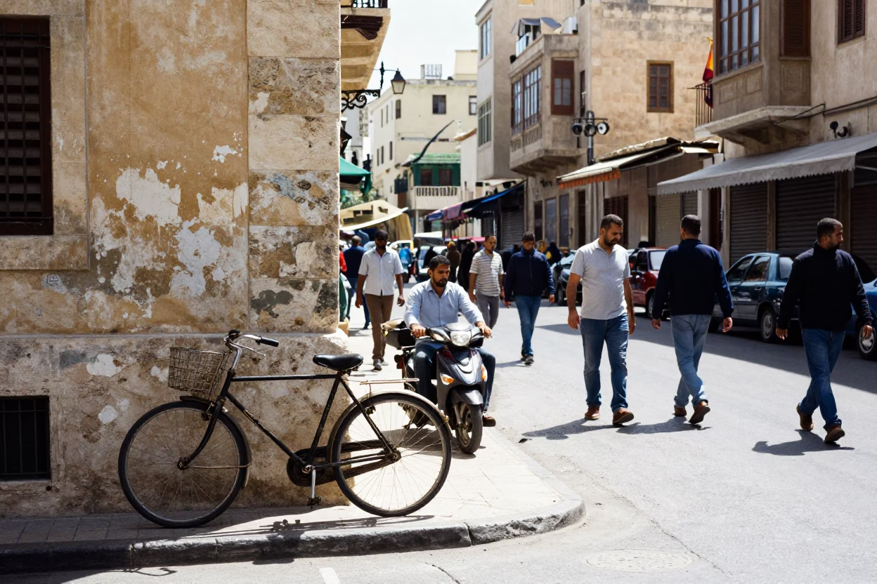 Busy Alexandria Street Scene in Bright Midmorning Light with Vintage Bicycle and Local Activity in in Alexandria, Egypt