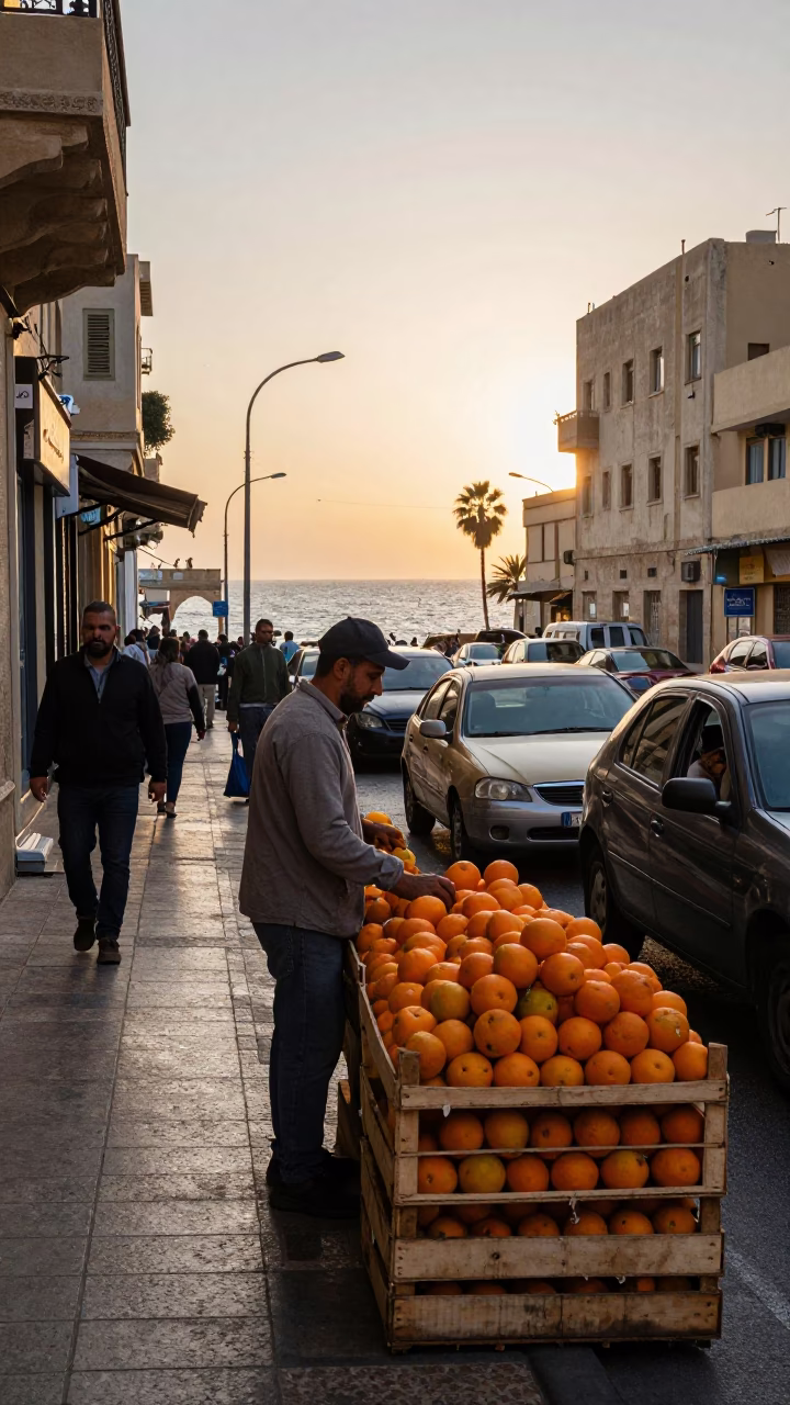 Busy Alexandria Street Scene Late Afternoon with Oranges and Vintage Car in in Alexandria, Egypt