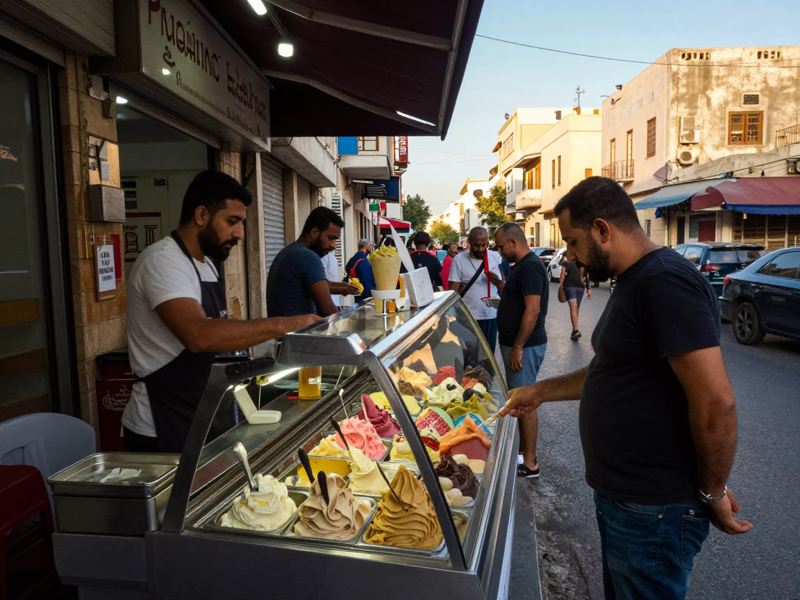 Busy Alexandria Street Scene Late Morning Gelato Display and Local Market Activity in in Alexandria, Egypt