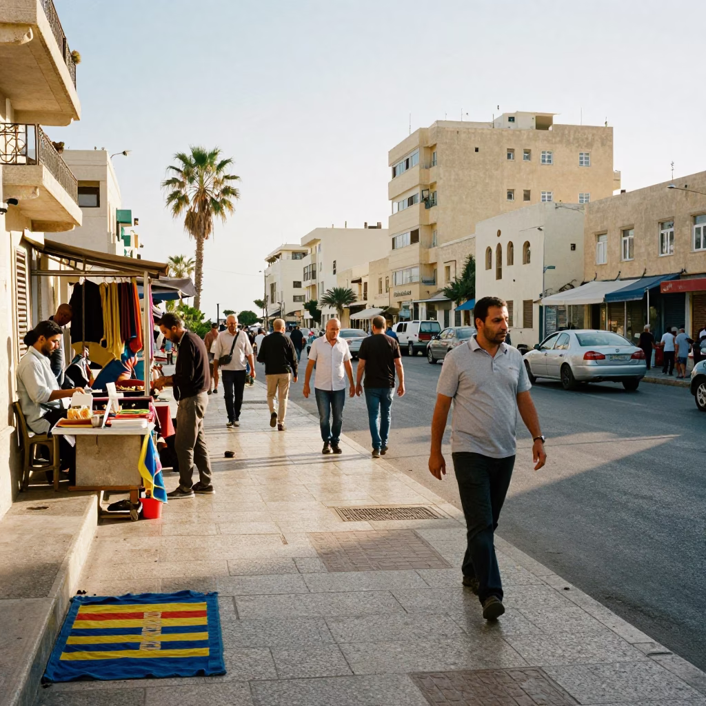 Busy Alexandria Street Scene Late Morning with Beach Towels and Local Life in in Alexandria, Egypt