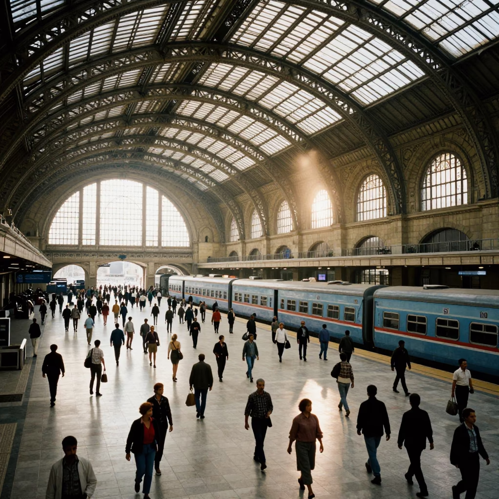 Busy Alexandria Train Station Interior with Arched Roof and Morning Light in in Alexandria, Egypt