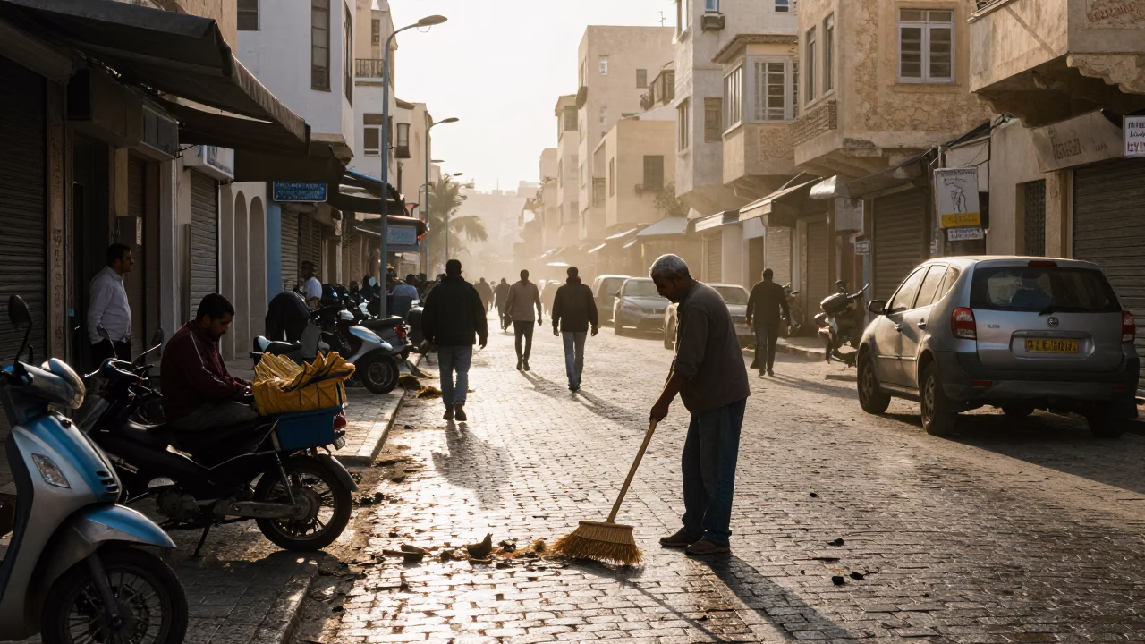 Busy Alexandrian Street Scene at First Light with Boots and Hand Broom in in Alexandria, Egypt