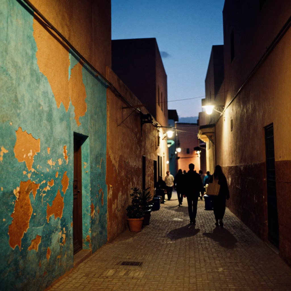 Busy Alleyway in Marrakech at Indigo Twilight After Sunset in in Marrakech, Morocco