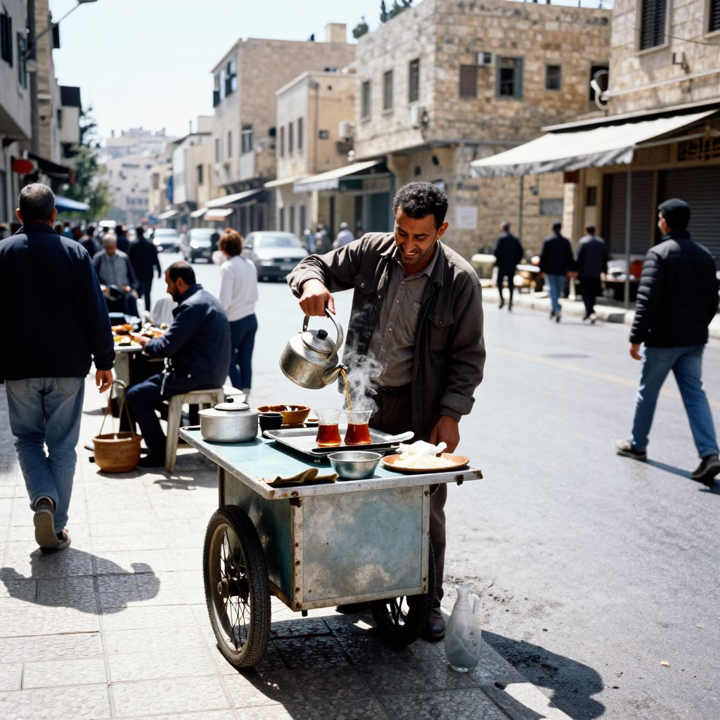 Busy Amman Jordan Midday Street Scene with Local Vendor and Traditional Tea Kettle in in Amman, Jordan