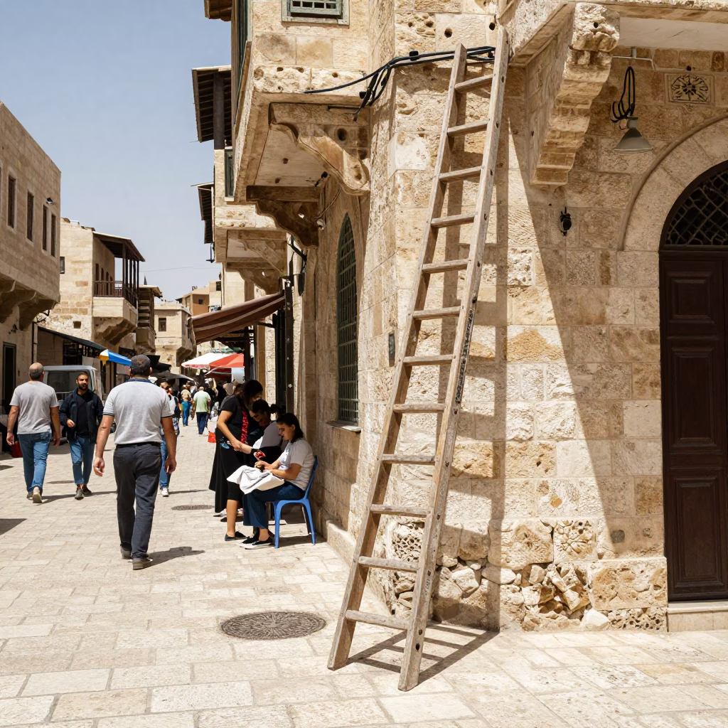 Busy Amman Jordan Midday Street Scene with Wooden Ladder and Local Interaction in in Amman, Jordan