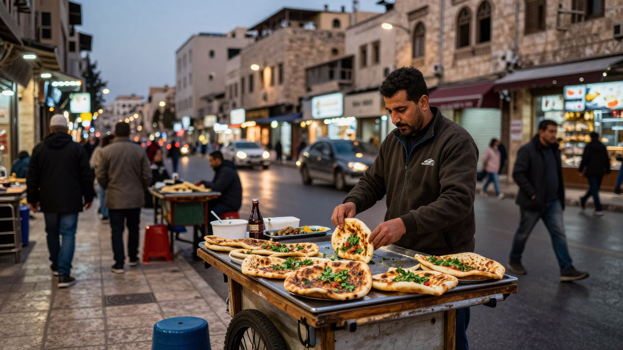 Busy Amman Jordan Street Scene at Dusk with Traditional Lahmacun and Coffee Tin in in Amman, Jordan