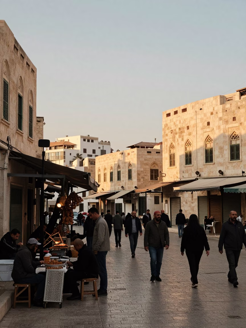 Busy Amman Jordan Street Scene at Golden Hour with Local Vendors and Pedestrians in in Amman, Jordan