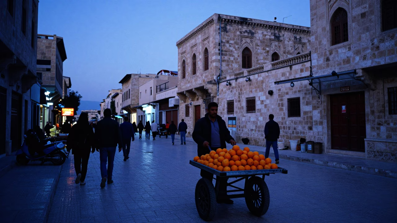Busy Amman Jordan Street Scene at Indigo Twilight with Oranges and Bicycle in in Amman, Jordan