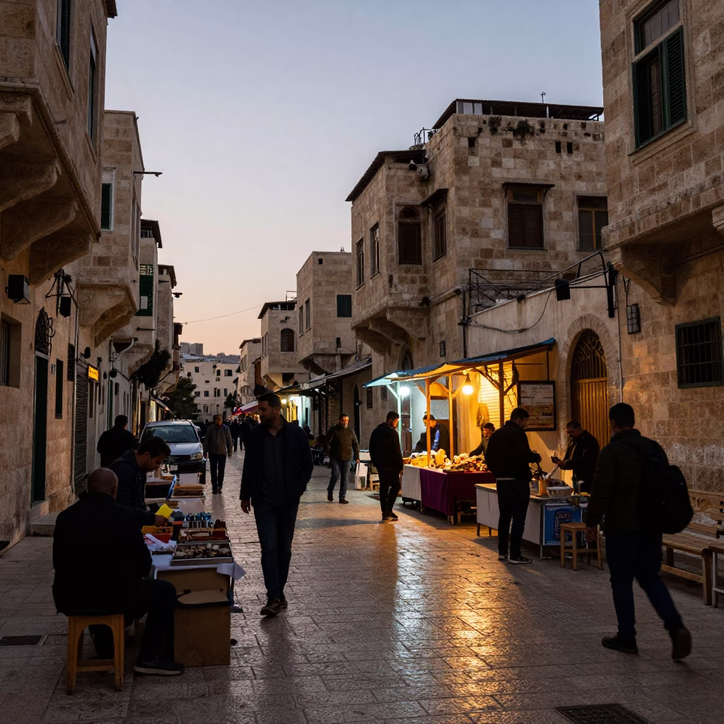 Busy Amman Jordan Street Scene Before Dawn With Local Vendors And Steam Haze in in Amman, Jordan