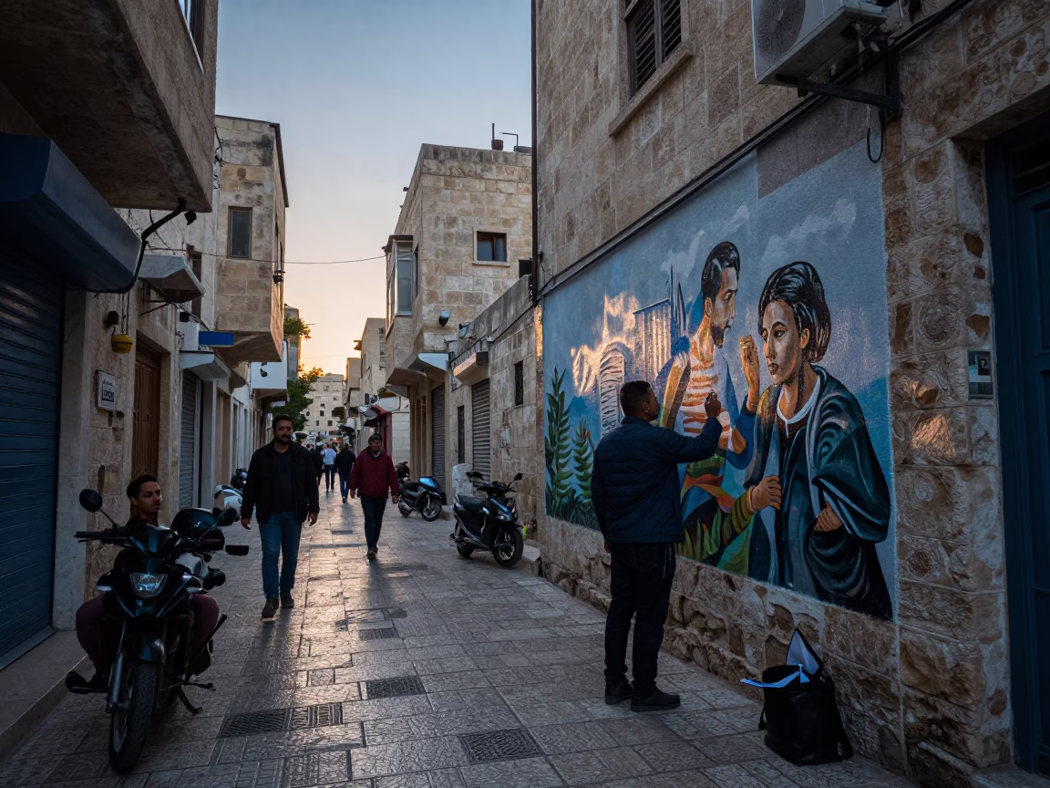 Busy Amman Jordan Street Scene Before Sunrise with Artist Painting Mural in in Amman, Jordan