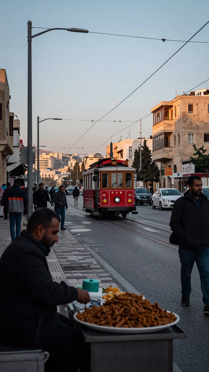 Busy Amman Jordan Street Scene Before Sunrise with Cable Car and Flatbread in in Amman, Jordan