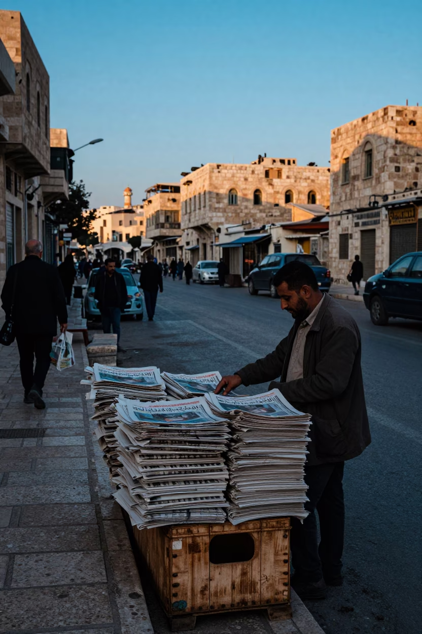 Busy Amman Jordan Street Scene Before Sunrise with Newspaper Stacks and Peg Rail in in Amman, Jordan