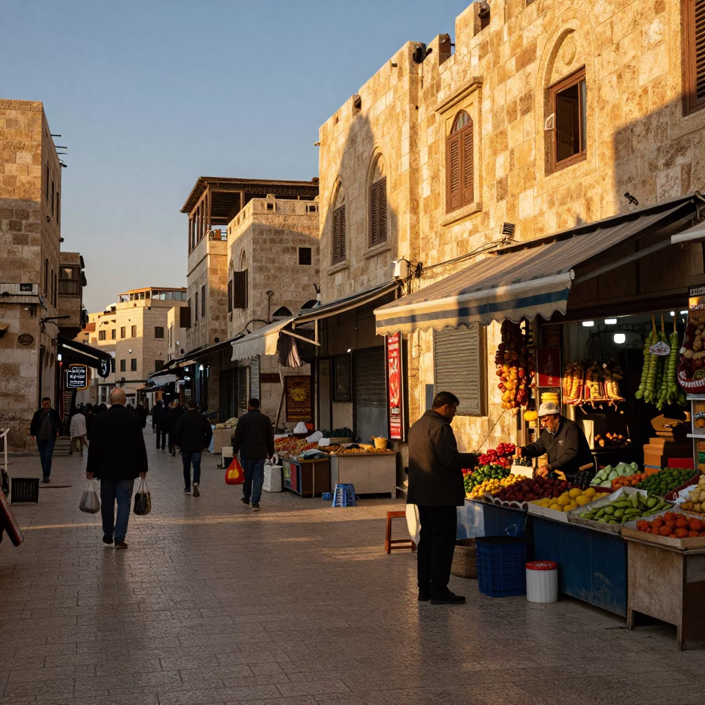 Busy Amman Jordan Street Scene Honeyed Evening Light Local Commerce and Daily Life in in Amman, Jordan
