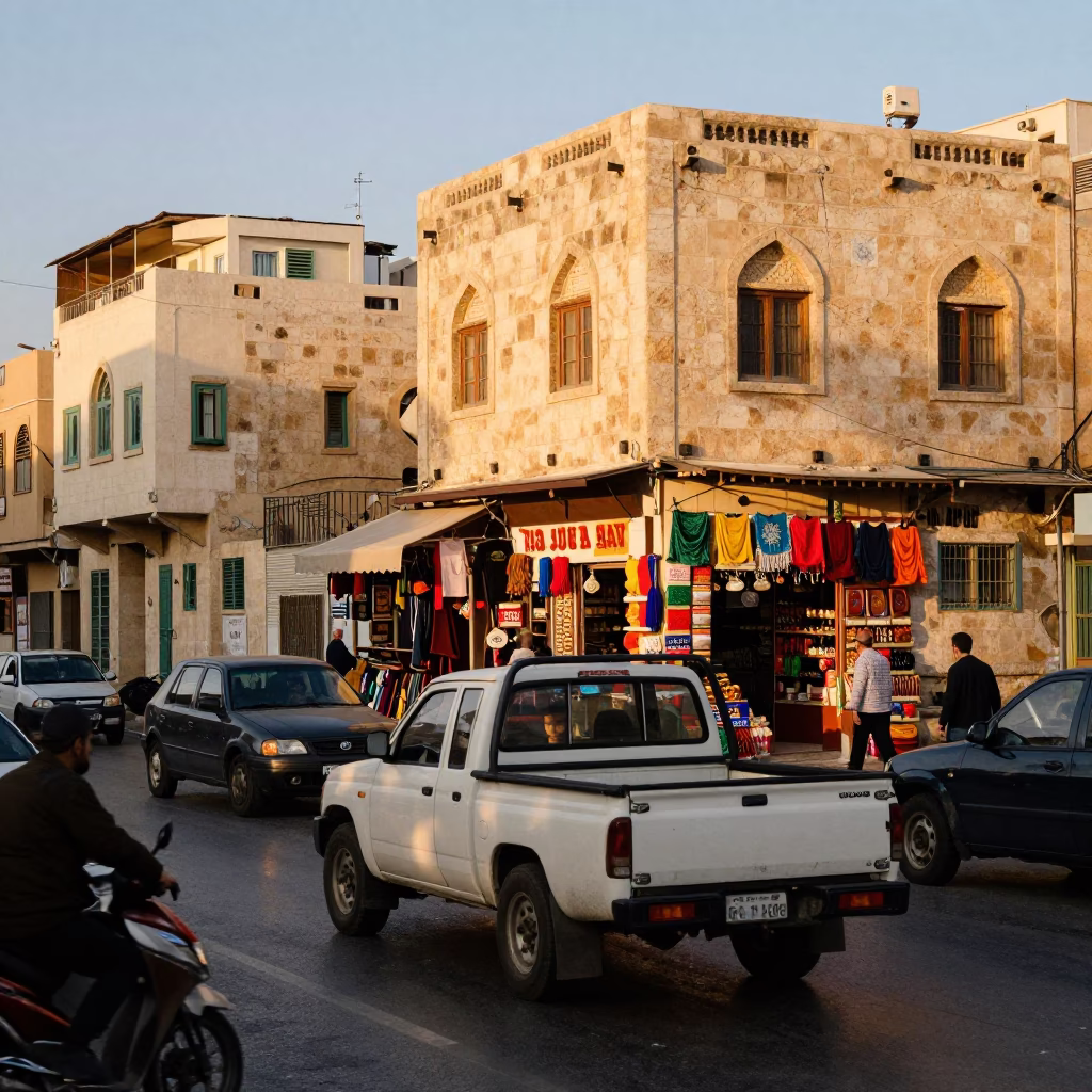 Busy Amman Jordan Street Scene Honeyed Evening Light with Traditional Stone Architecture in in Amman, Jordan