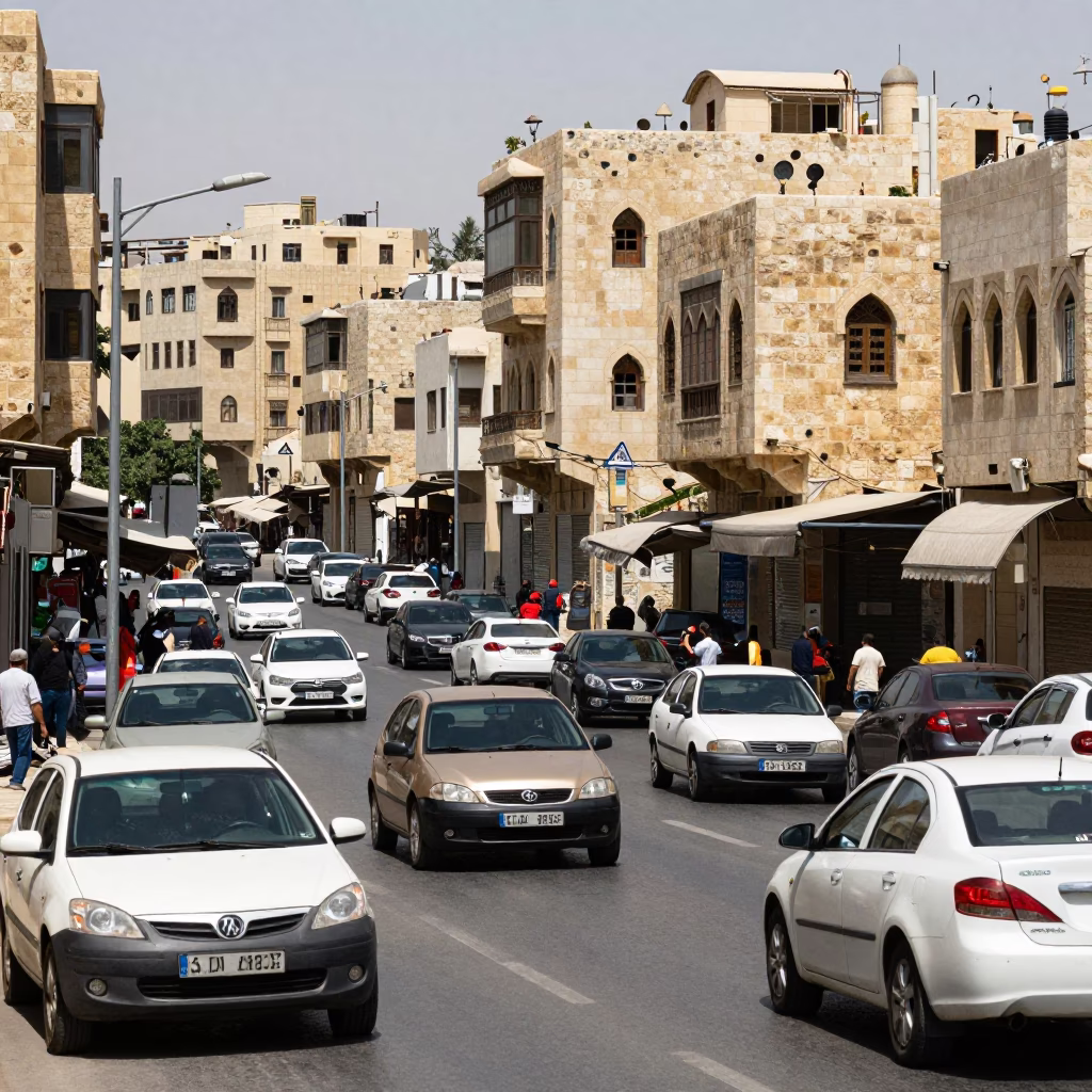Busy Amman Jordan Street Scene Midday Traffic and Local Commerce in Downtown in in Amman, Jordan