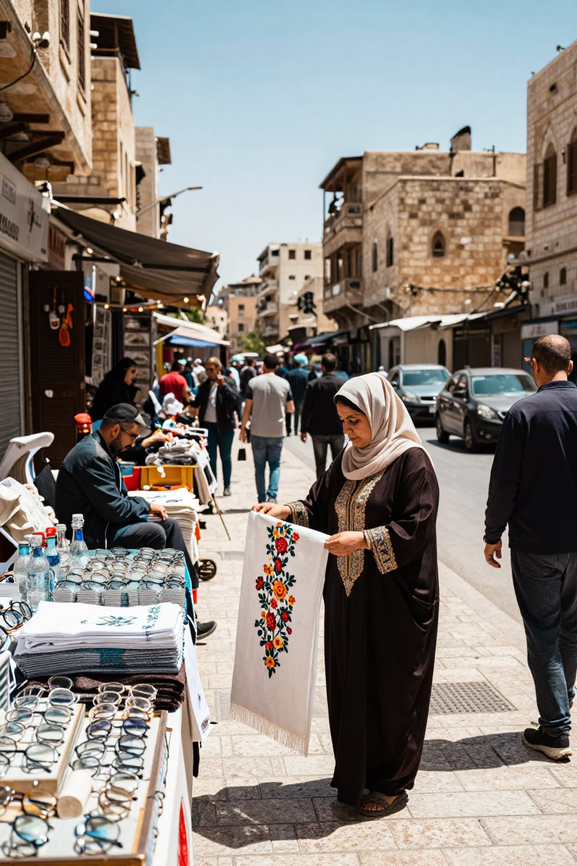 Busy Amman Jordan Street Scene Midday with Embroidered Thread and Tea Kettle in in Amman, Jordan