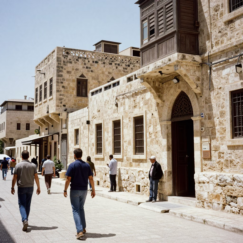 Busy Amman Jordan Street Scene Noon Light Stone Architecture and Local Life in in Amman, Jordan