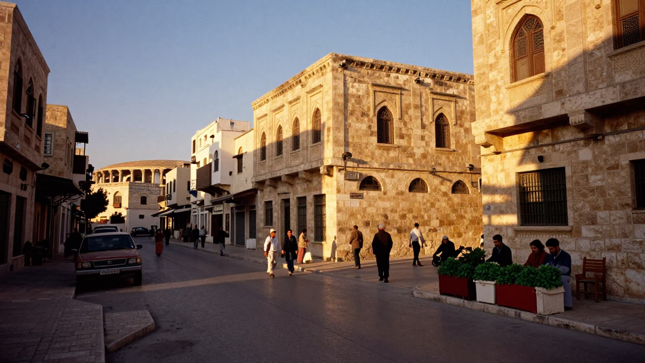 Busy Amman Jordan Sunset Street Scene with Traditional Architecture and Local Life in in Amman, Jordan