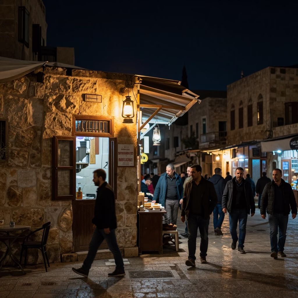 Busy Amman Night Street Scene with Oil Lamp and Steel Hinge Detail in in Amman, Jordan