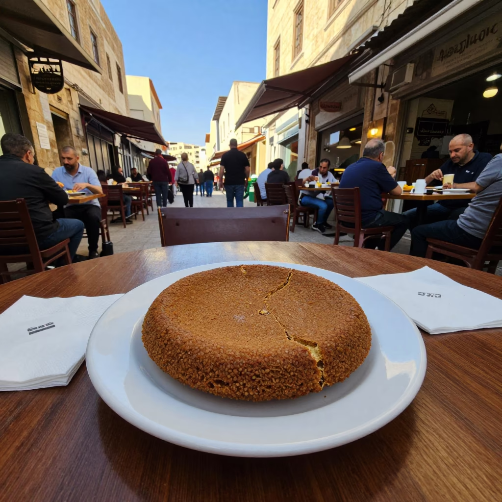 Busy Amman Street Cafe Late Afternoon with Kibbeh Plate and Local Conversation in in Amman, Jordan