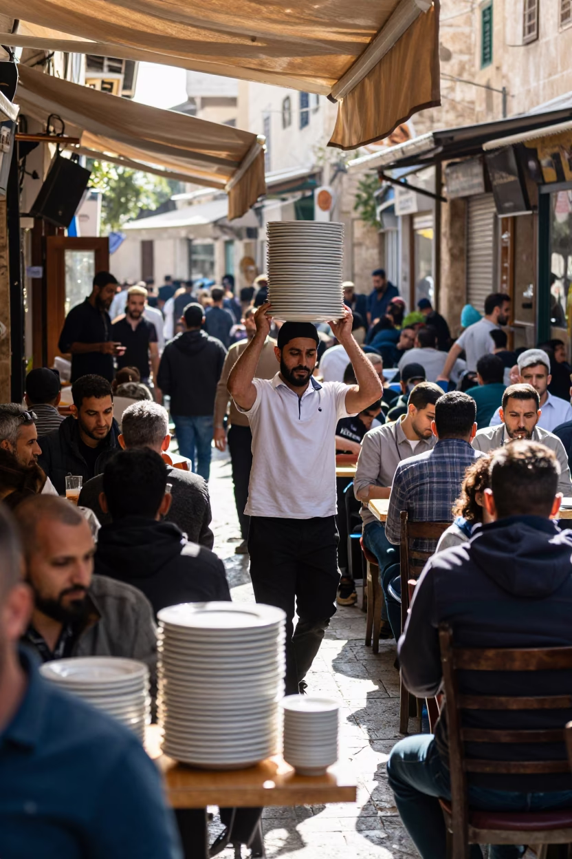Busy Amman Street Cafe Morning with Stacked Plates and Date Sweets in in Amman, Jordan