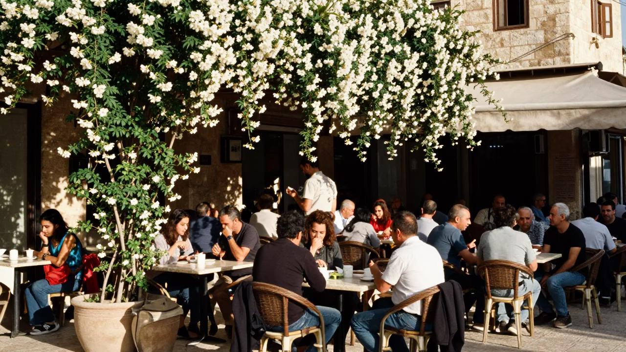 Busy Amman Street Cafe Terrace with Jasmine and Local Dining Details in in Amman, Jordan