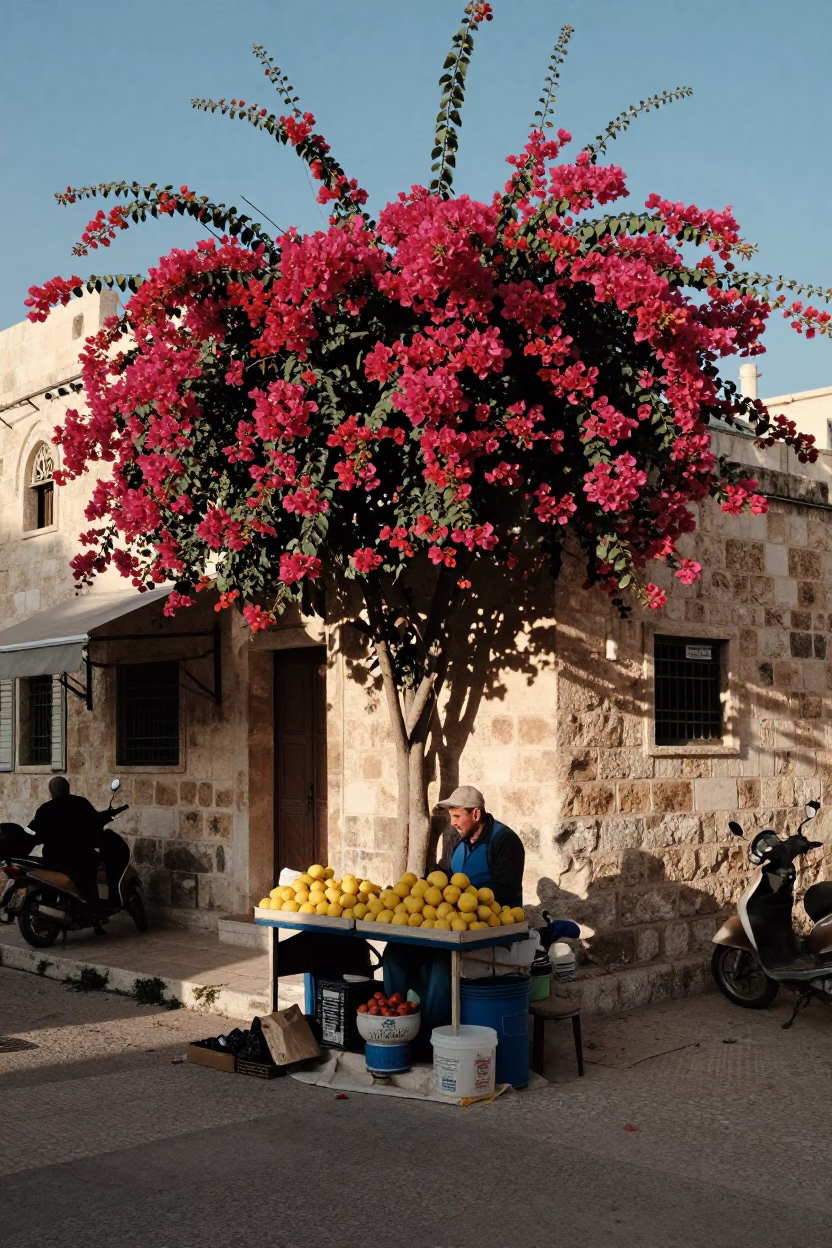 Busy Amman Street Corner Afternoon with Bougainvillea and Local Vendor in in Amman, Jordan