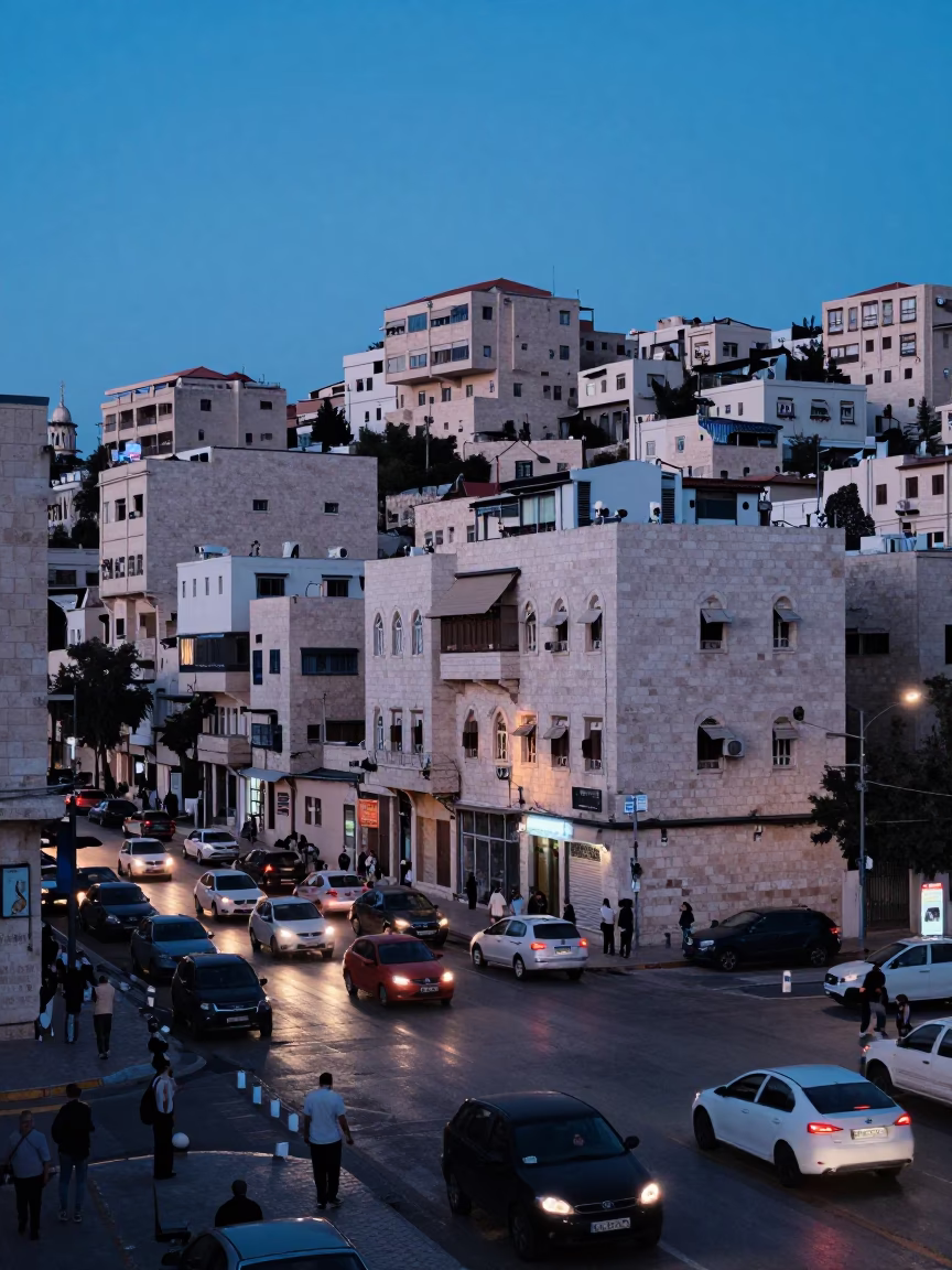 Busy Amman Street Corner at Dawn with Local Traffic and Stone Architecture in in Amman, Jordan