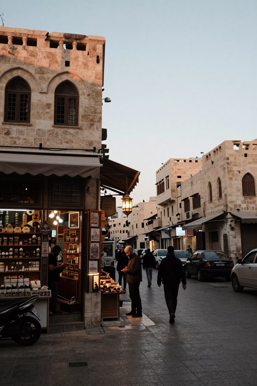 Busy Amman Street Corner at Dawn with Shopkeeper and Traditional Lanterns in in Amman, Jordan