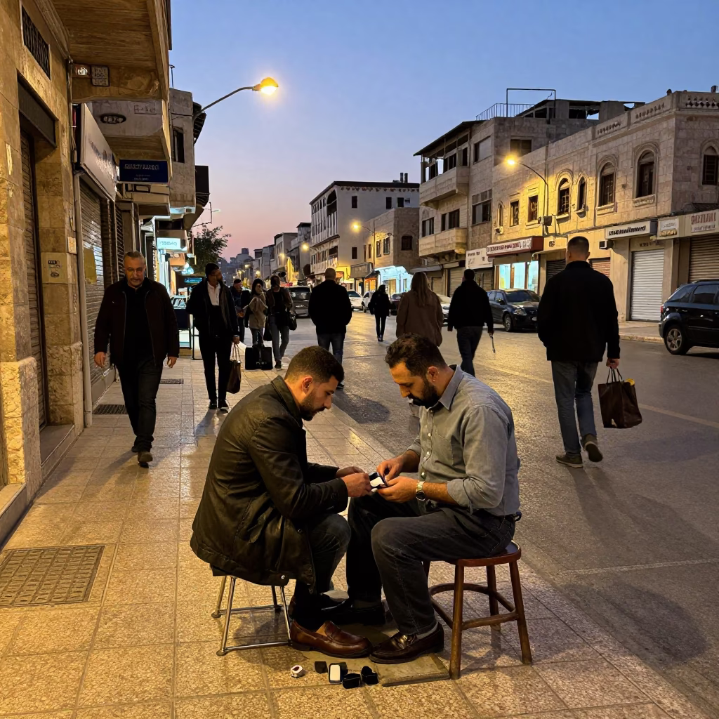 Busy Amman Street Corner at Dusk with Shoe Polisher and Crowbar Nearby in in Amman, Jordan