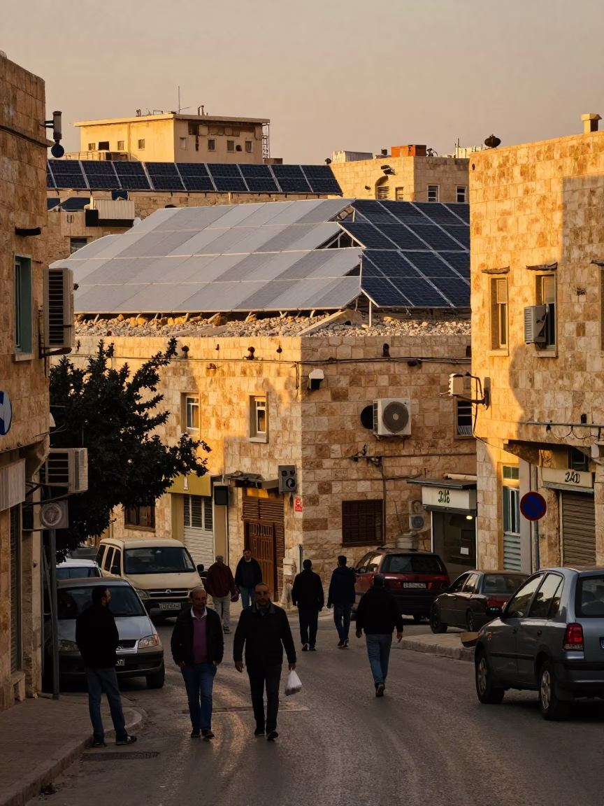 Busy Amman Street Corner at Dusk with Solar Panels and Chai Vendor in in Amman, Jordan