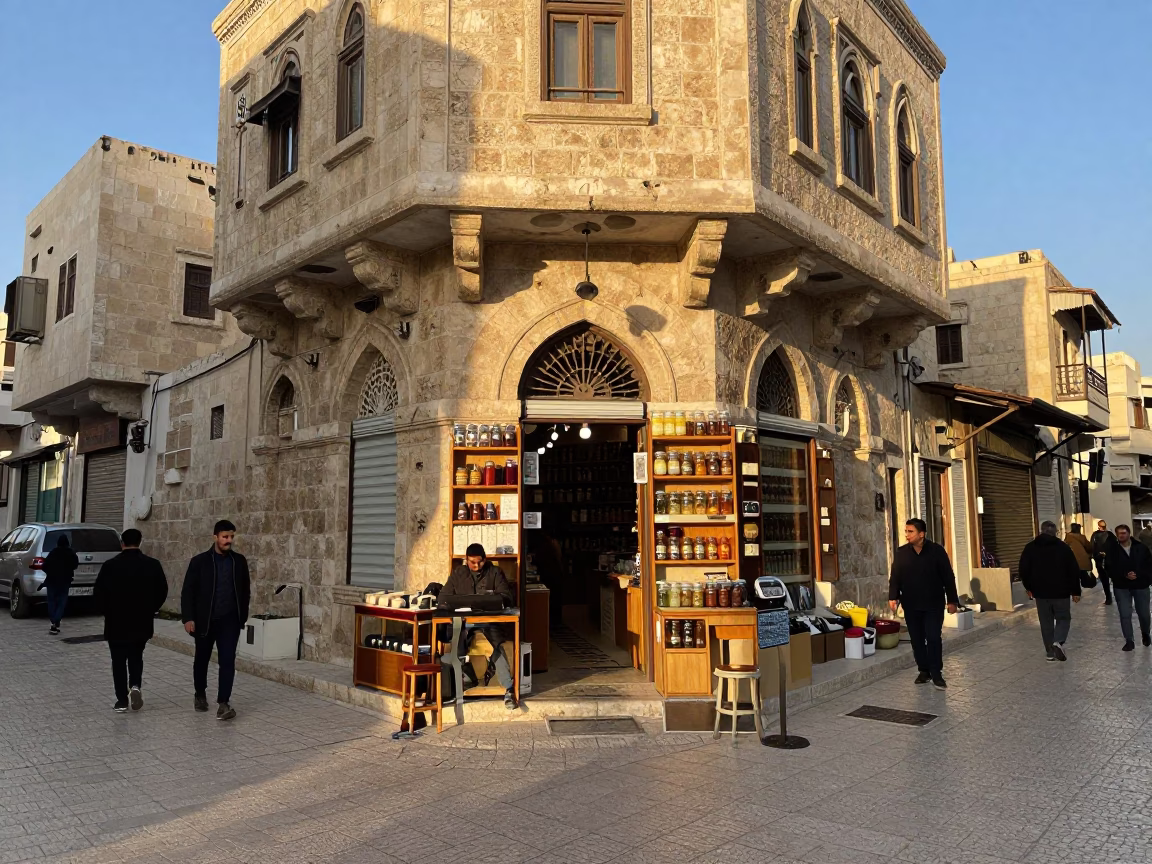 Busy Amman Street Corner at First Light with Local Shopkeeper and Traditional Stone Architecture in in Amman, Jordan