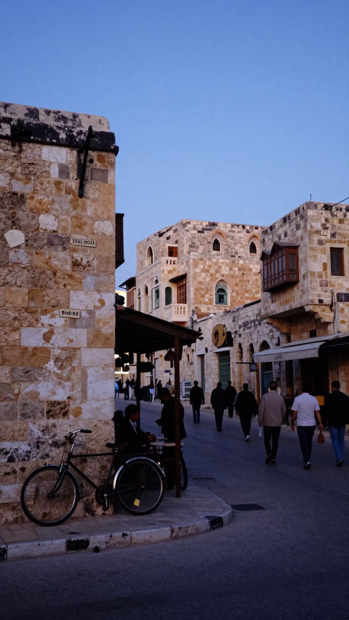 Busy Amman Street Corner at Nautical Dawn with Vintage Bicycle and Local Morning Activity in in Amman, Jordan
