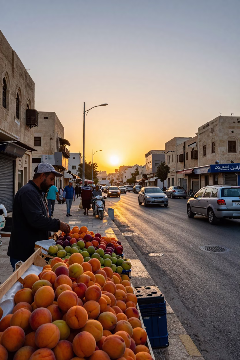 Busy Amman Street Corner at Sunset with Apricots and Peg Basket in in Amman, Jordan