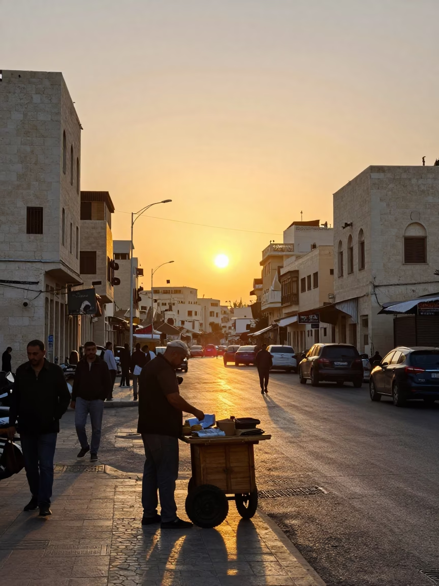 Busy Amman Street Corner at Sunset with Local Vendor and Stone Architecture in in Amman, Jordan