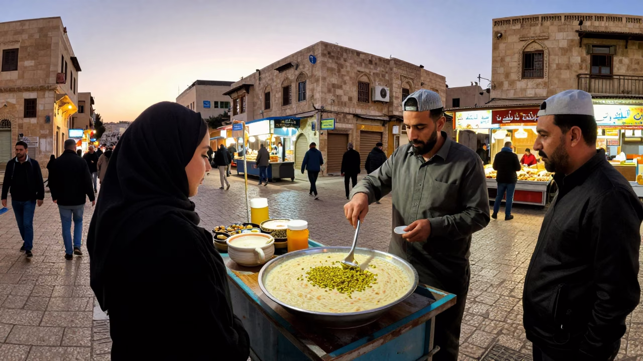 Busy Amman Street Corner Evening Scene with Traditional Food and Local Life in in Amman, Jordan
