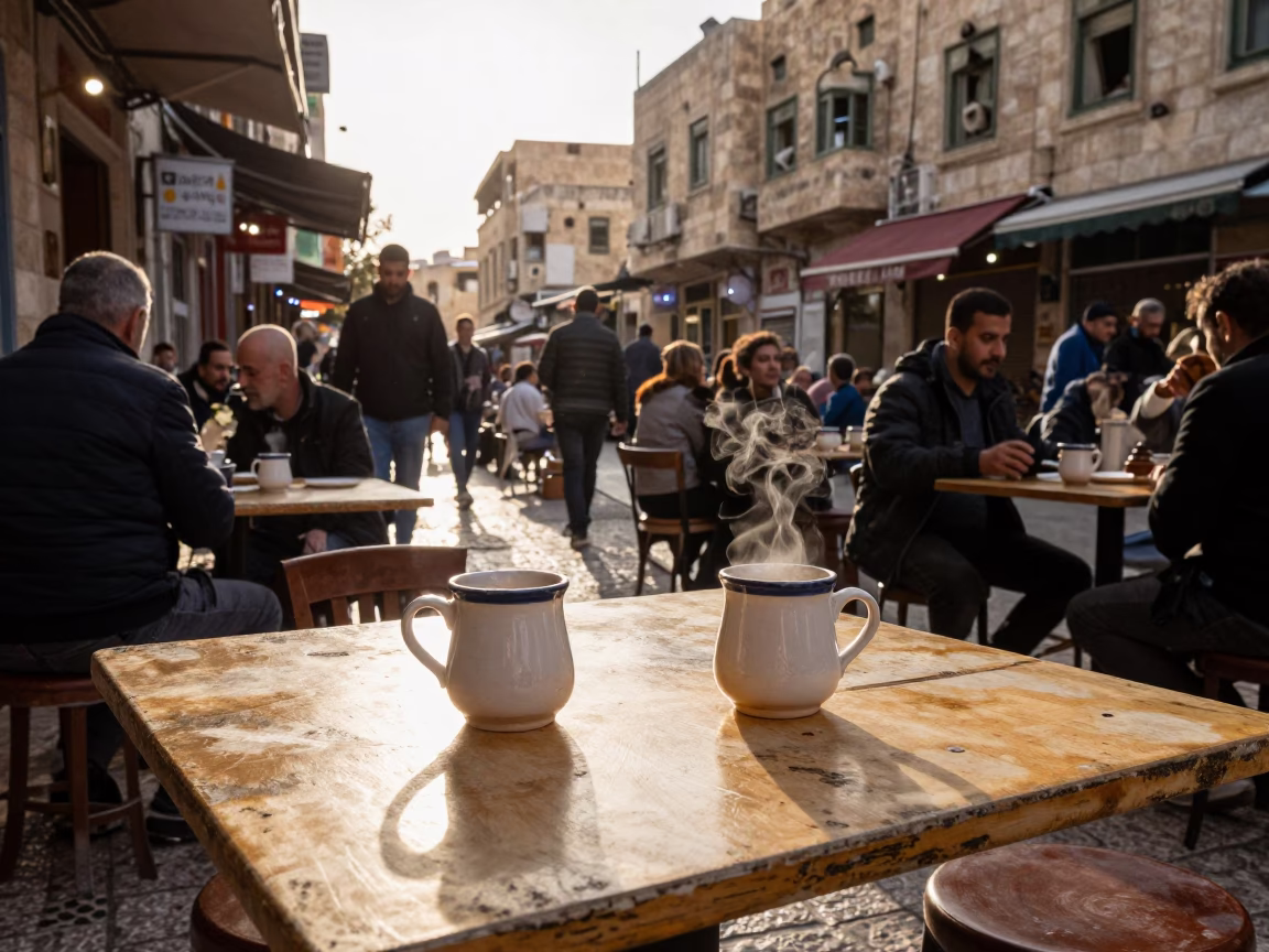 Busy Amman Street Corner Late Afternoon with Ceramic Mugs and Cardigans in in Amman, Jordan