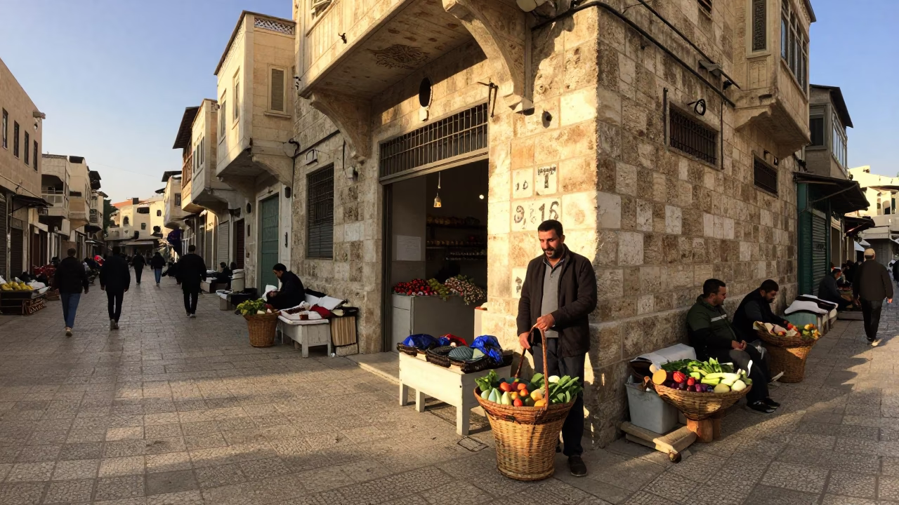 Busy Amman Street Corner Late Afternoon with Traditional Basket and Local Life in in Amman, Jordan
