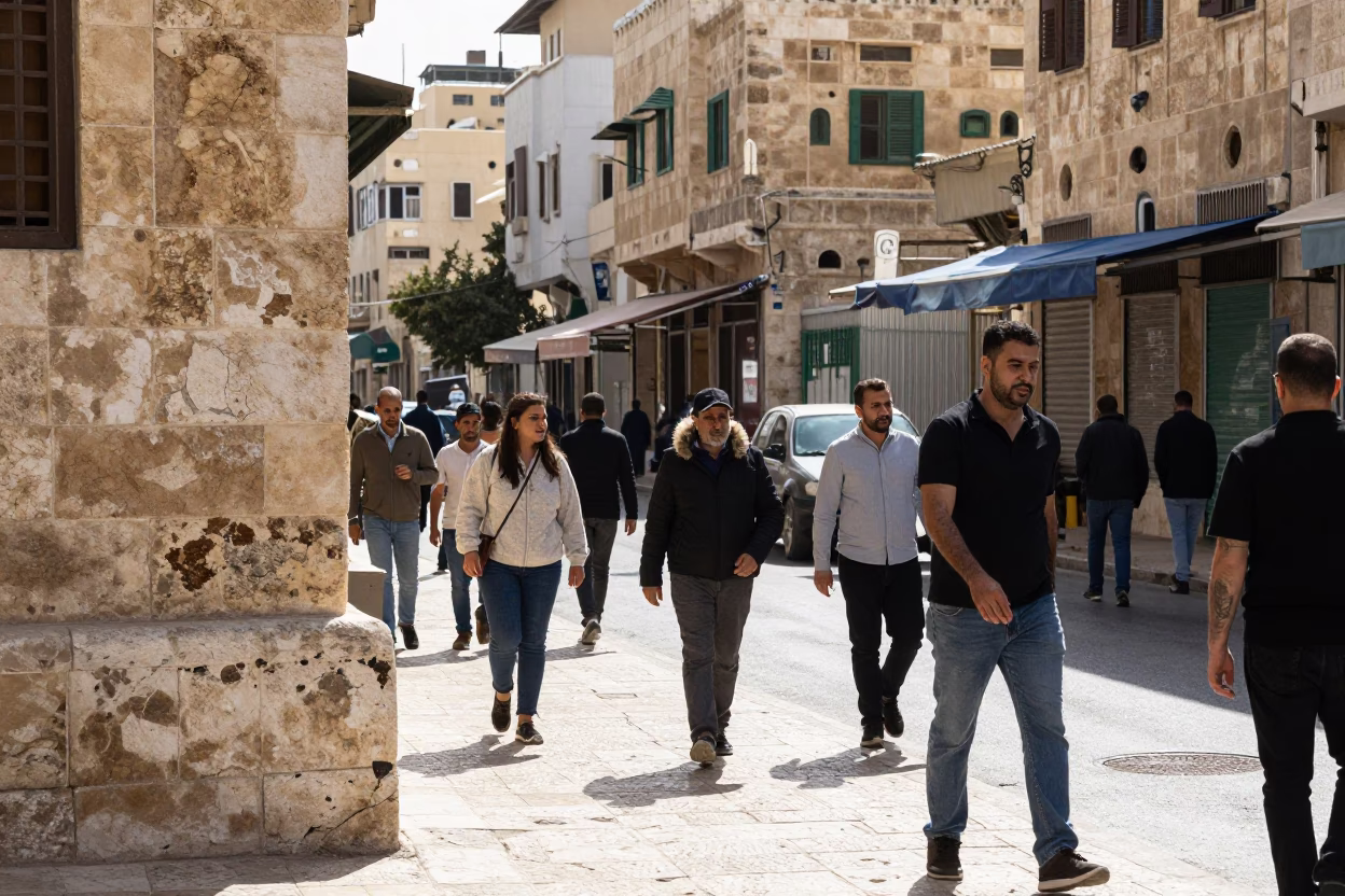 Busy Amman Street Corner Midmorning Light with Local Pedestrians in in Amman, Jordan