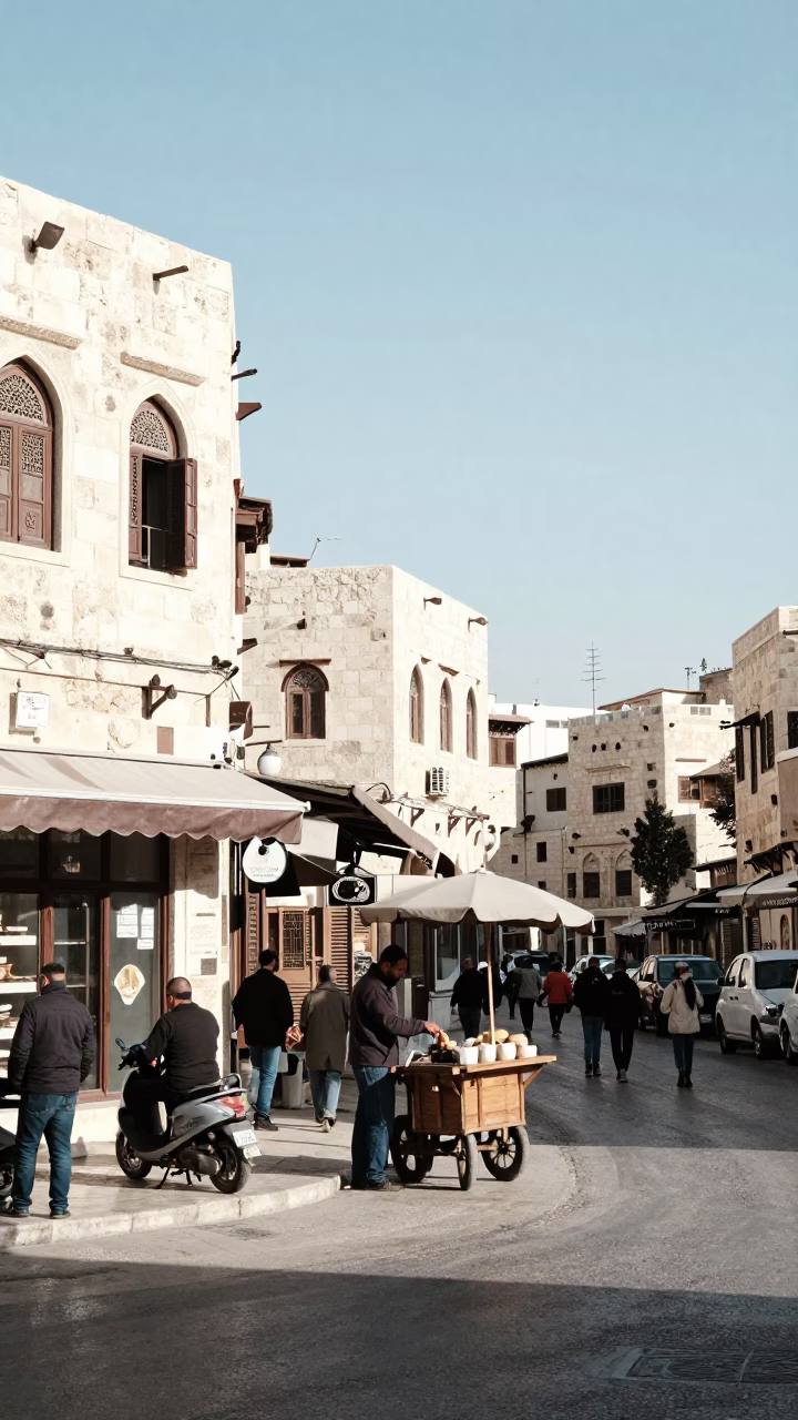 Busy Amman Street Corner Midmorning Light with Stone Architecture and Local Commerce in in Amman, Jordan