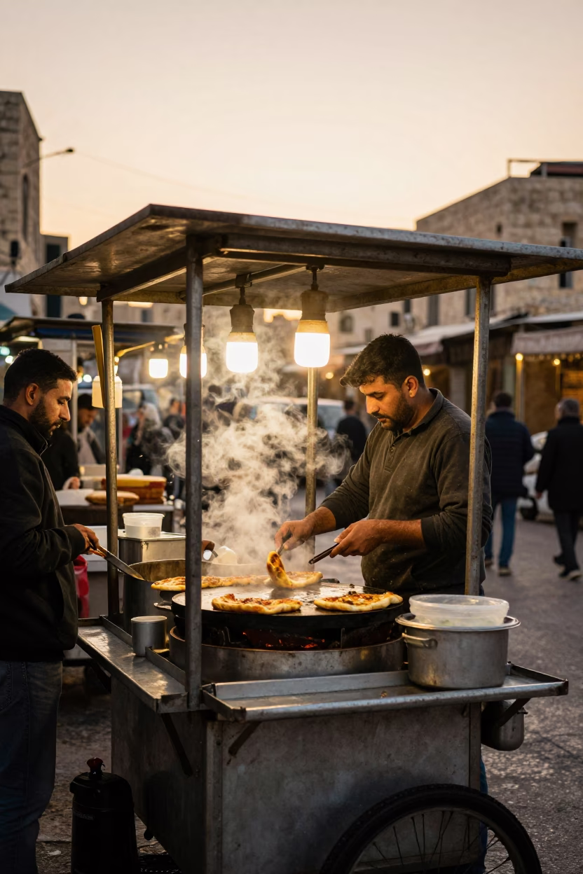 Busy Amman Street Food Stall in Honeyed Evening Light with Lahmacun and Local Interaction in in Amman, Jordan