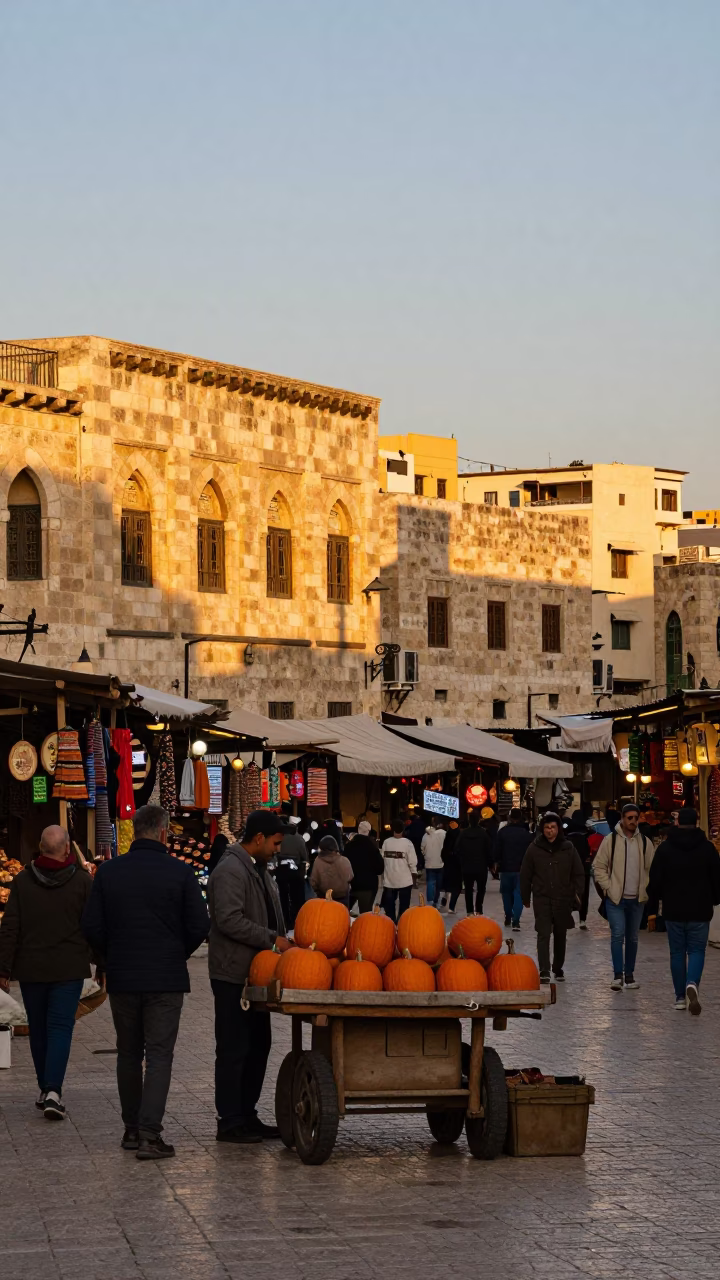 Busy Amman Street Market Sunset with Stone Architecture and Local Commerce in in Amman, Jordan