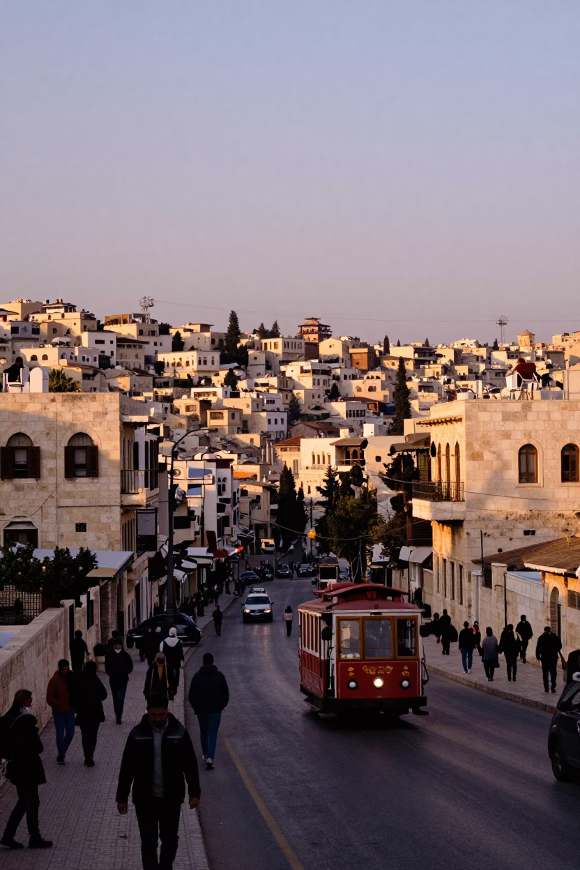 Busy Amman Street Scene at Dawn with Cable Car Crossing Valley and Local Life in in Amman, Jordan