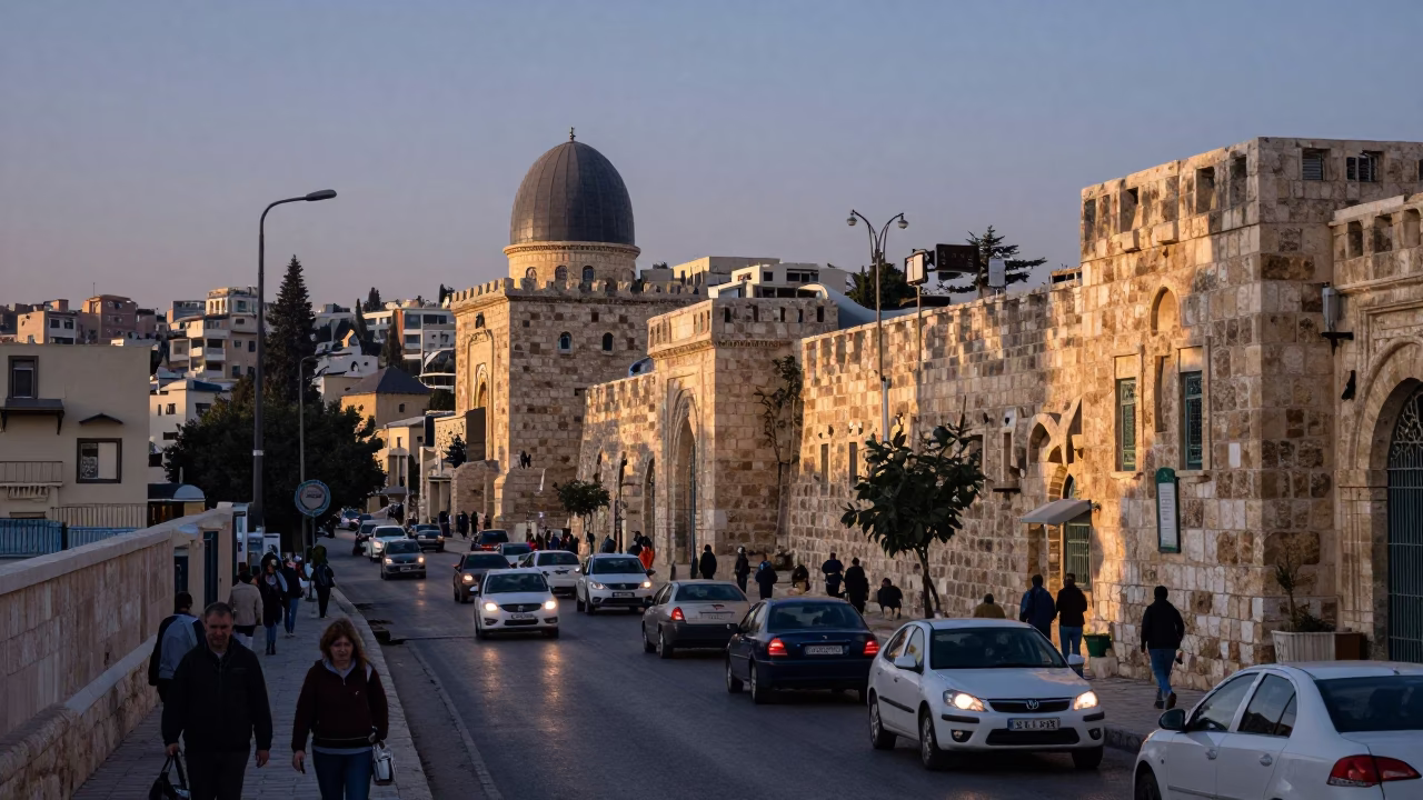 Busy Amman Street Scene at Dawn with Stone Observatory and Local Commerce in in Amman, Jordan