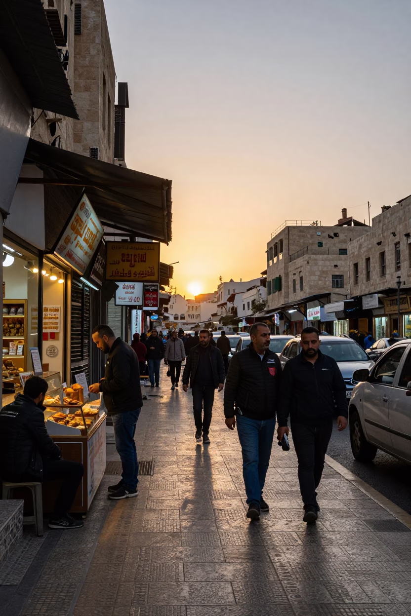 Busy Amman Street Scene at Dusk with Shopkeepers and Baguettes in Jordan in in Amman, Jordan