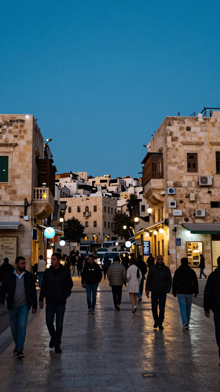 Busy Amman Street Scene at Dusk with Stone Architecture and Local Life in in Amman, Jordan