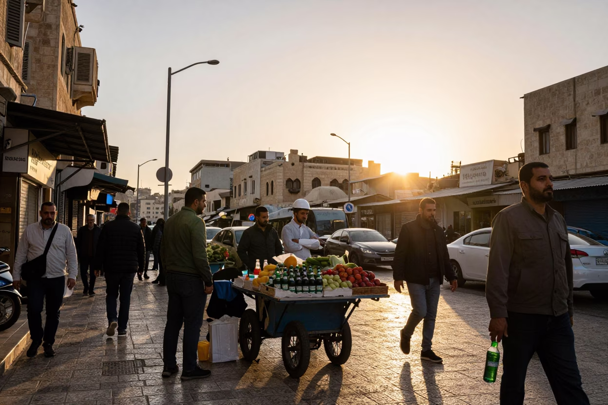 Busy Amman Street Scene at Golden Hour with Local Vendor and Bottle in in Amman, Jordan